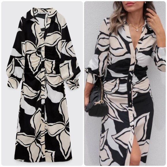NWT Zara Ecru Black White Printed Ruched Detail Button Front Maxi Dress Womens L - Picture 1 of 5